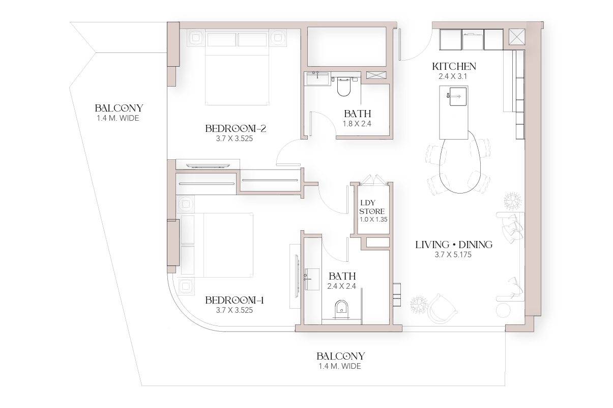 Luxor By Imtiaz A floor plan layout featuring two bedrooms, two bathrooms, a kitchen, and a living-dining area with balconies.